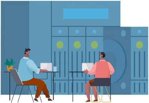 Web hosting and administrators in virtual server room, datacenter and database Stock Illustration