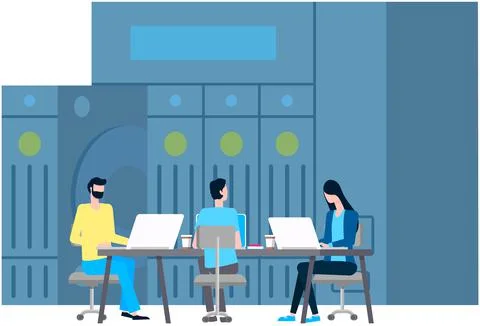 Web hosting and administrators in virtual server room, datacenter and database Stock Illustration