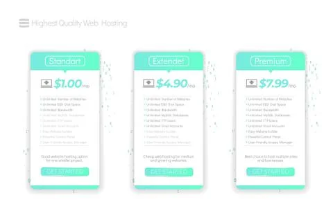 Web Hosting Boxes. Hosting plans for website. Three tariffs. Illustrazione stock