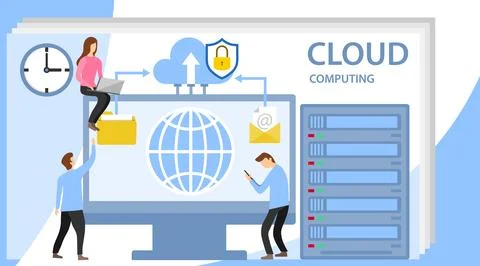 Web hosting concept with character. System of technical support. People Illustrazione stock