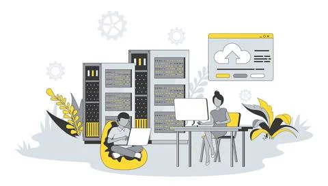 Web hosting concept in flat design with people. Man and women working at data Illustrazione stock