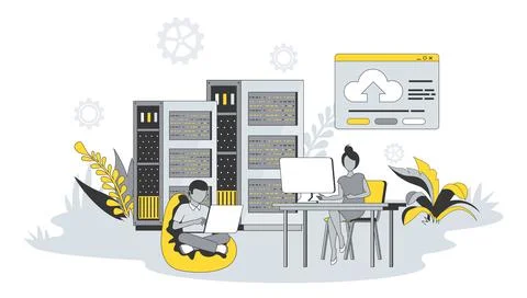 Web hosting concept in flat design with people. Man and women working at data Illustrazione stock