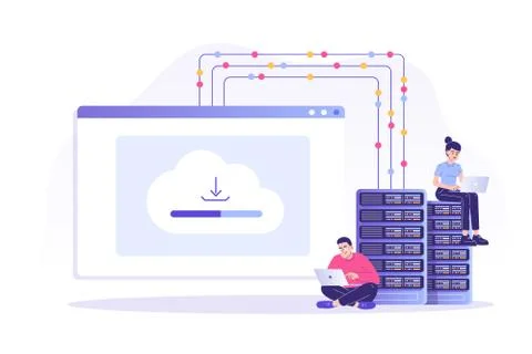 Web hosting concept with people characters. Online database, server, web data 스톡 일러스트
