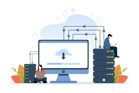 Web hosting concept with people characters. Online databases, servers, web data. Stock Illustration