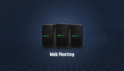 Web hosting concept with three servers and web hosting text below. Simple, fl Stockfoto's