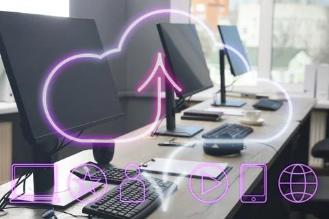 Web hosting. Digital neon cloud with icons and office with computers on bac.. 스톡 사진
