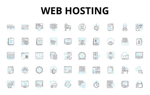 Web Hosting linear icons set. Server, Hosting, Domain, Bandwidth, Uptime Stock Illustration