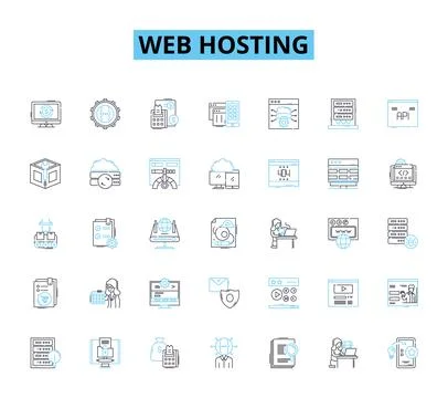 Web Hosting linear icons set. Server, Hosting, Domain, Bandwidth, Uptime Stock Illustration