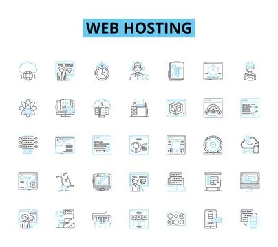 Web Hosting linear icons set. Server, Hosting, Domain, Bandwidth, Uptime Stock Illustration