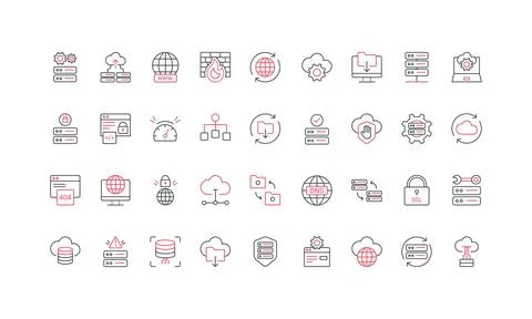 Web hosting, maintenance service for server infrastructure, data security line Stock Illustration