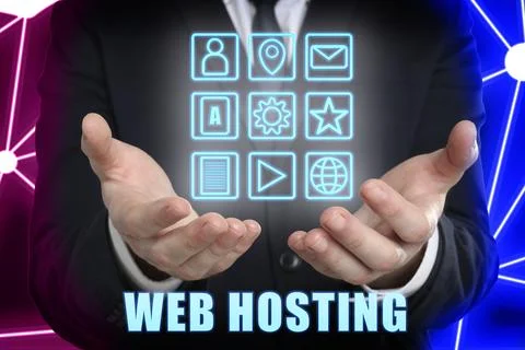 Web hosting. Man holding digital set of icons, closeup Stock Photos