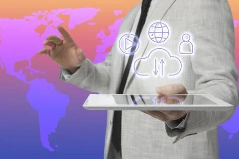 Web hosting. Man holding tablet against world map, closeup. Digital cloud w.. Stock Photos