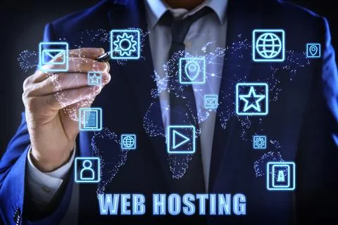 Web hosting. Man touching icon on digital screen with world map, closeup Foto stock