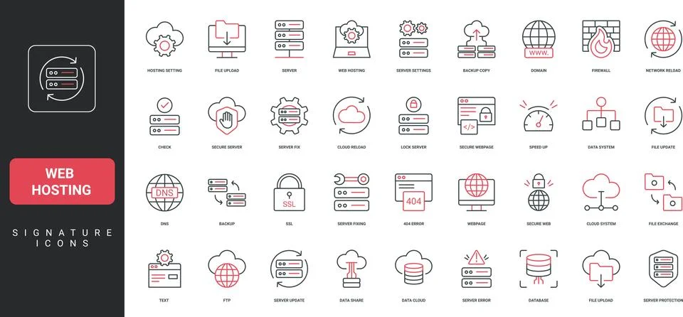 Web hosting, server and database settings, domain and firewall, backup line icon Stock Illustration