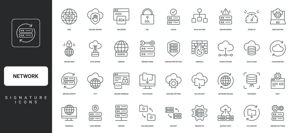 Web hosting, server and database settings, domain and firewall, backup line icon Stock Illustration
