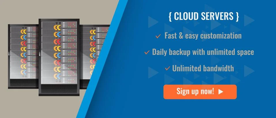 Web hosting server or cloud server advertisement template layout design. Vector 스톡 일러스트