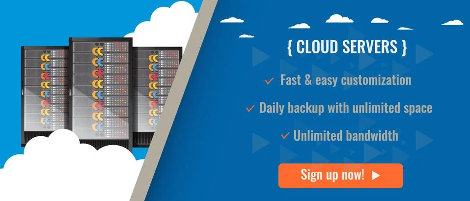 Web hosting server or cloud server advertisement template layout design. Vector Stock Illustration