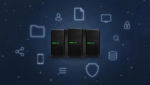 Web hosting servers surrounded with online services icons. Abstract backgroun Stock Photos