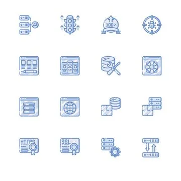 Web hosting. Set icon EPS 10 vector format. Professional pixel perfect blue i Ilustración de archivo