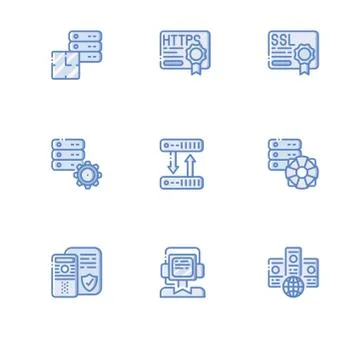 Web hosting. Set icon EPS 10 vector format. Professional pixel perfect blue i Stock Illustration