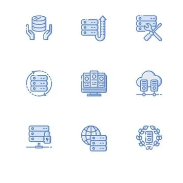 Web hosting. Set icon EPS 10 vector format. Professional pixel perfect blue i Stock-Illustration