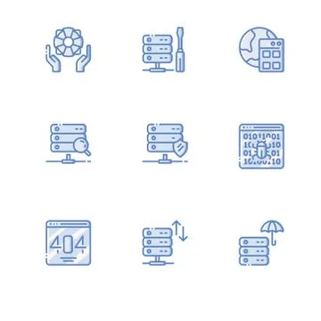 Web hosting. Set icon EPS 10 vector format. Professional pixel perfect blue i Stock Illustration