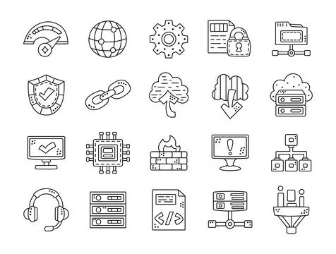 Web hosting set in outline line art Illustrazione stock