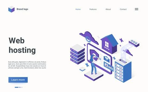 Web hosting technology isometric landing page, technician engineer repairing Stock Illustration