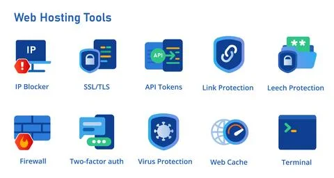 Web hosting tools icon set service from SSL IP blocker firewall API tokens Stock Illustration