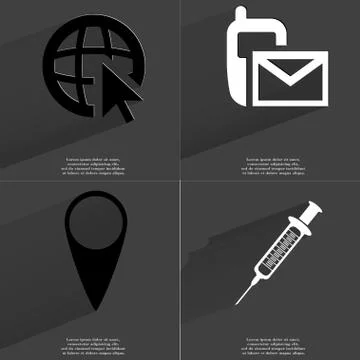 Web icon cursor, SMS icon, Checkpoint, Syringe. Symbols with long shadow. Flat d Stock Illustration