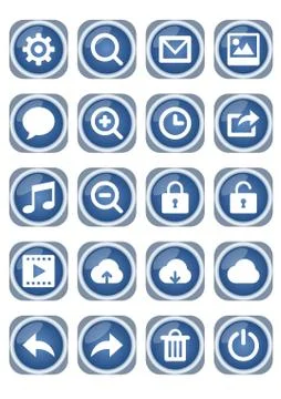 Web icon mega set, blue metallic icons with white pictograms, zoom, speech Stock Illustration
