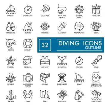 Web icon set. summer, sea diving vector icons isolated on white. Flat thine イラスト素材