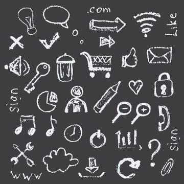 Web icons painted on a black background in the style of chalks. Stock-Illustration