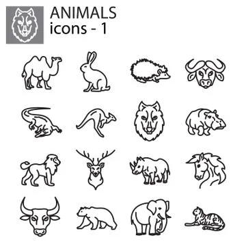 Web icons set - Wild animals black on white background Stock Illustration