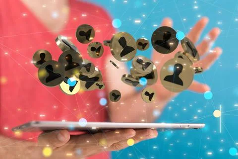 Web of illustrative 3D rendered user icons floating over an iPad screen Stock Photos