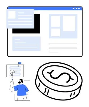 Web Interface with Currency Coin and Person Presenting Idea for Financial a.. Stock Illustration