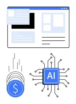 Web interface, financial growth indicated by falling coins, and AI integrat.. イラスト素材