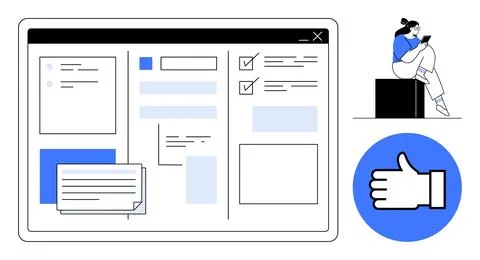 Web interface with forms, checklists, and a person browsing on a tablet wit.. Stock Illustration