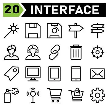 Web interface icon set include wand, web app, magic, wizard, interface, save, Stock-Illustration
