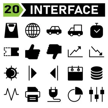 Web interface icon set include bag, web app, briefcase, case, portfolio, worl Stock Illustration