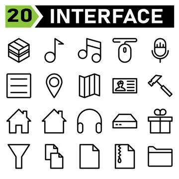 Web interface icon set include package, box, web app, shipment, gift, music,  Stock Illustration