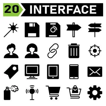Web interface icon set include wand, web app, magic, wizard, interface, save, Stock-Illustration