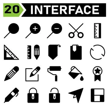 Web interface icon set include search, web app, glass, magnifying, Lupe, zoom Illustrazione stock