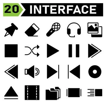 Web interface icon set include pin, web app, pushpin, tack, thumbtack, fasten Stock Illustration