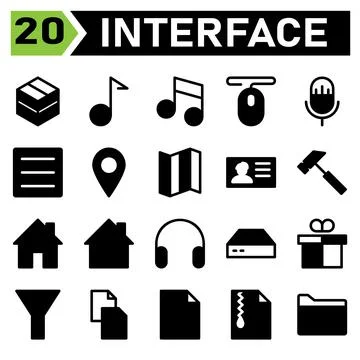 Web interface icon set include package, box, web app, shipment, gift, music,  Stock Illustration