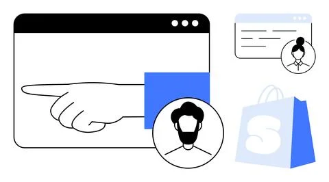 A web interface with a pointing hand, user profiles, and a shopping bag. Idea Ilustração Stock