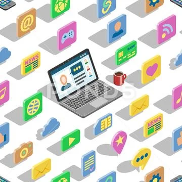 Web isometric icons vector 3d office collection set and computer laptop buttons Stock Illustration