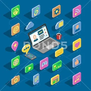 Web isometric icons vector 3d office collection set and computer buttons for Stock Illustration