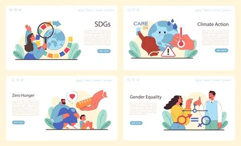 Web layout presenting SDGs, climate action, hunger elimination, and gender Illustrazione stock