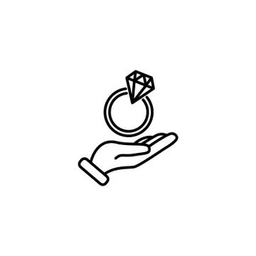 Web line icon. Diamond ring in hand Stock Illustration